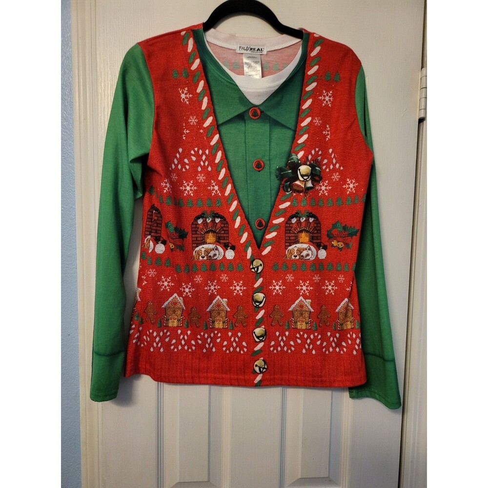 NWOT Faux Real T-shirt Men’s L Crew Neck Long Sleeve Cardigan Christmas Puppies